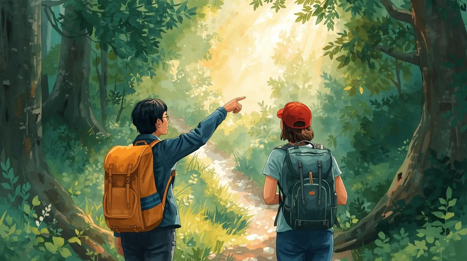 Illustration aquarelle semi-réaliste : deux personnes en randonnée avec sacs à dos dans une forêt. Le coach bien-être guide son client vers la lumière, illustrant pourquoi faire appel à un coach bien-être peut transformer sa vie.