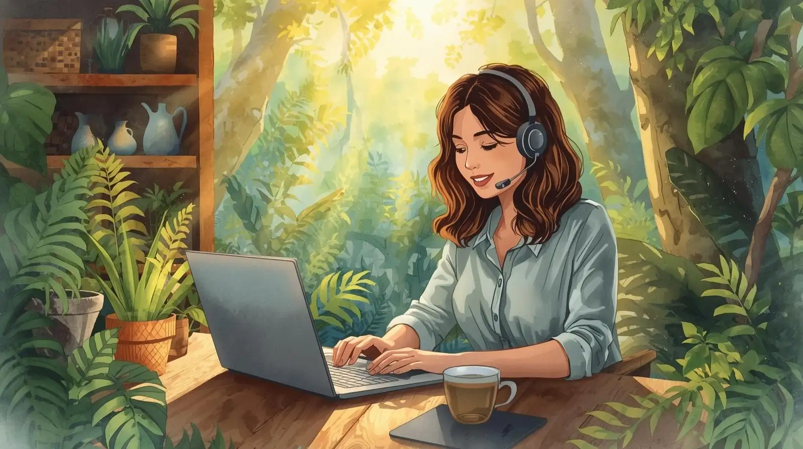 16Assistante freelance pour thérapeutes en médecines douces au travail dans la nature Aquarelle semi-réaliste représentant une assistante freelance pour thérapeutes en médecines douces, concentrée sur son laptop dans une forêt, casque audio et tasse de thé à côté.