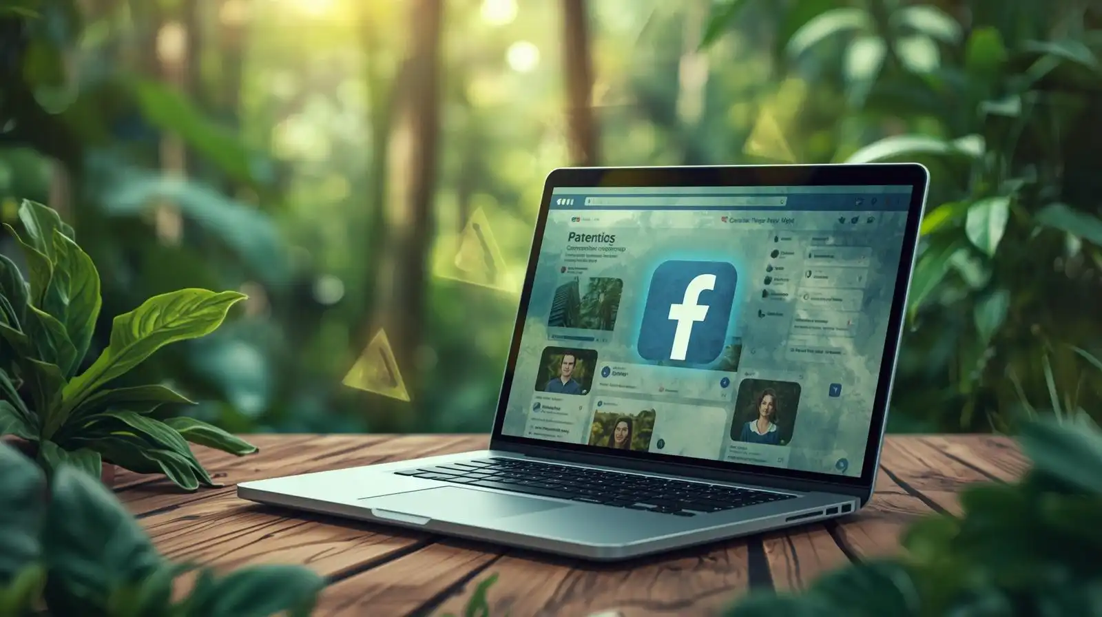 Illustration aquarelle semi-réaliste d’un laptop posé sur un bureau en bois, entouré de plantes et de nature. L’écran montre l’interface d’un groupe Facebook avec un logo bleu familier. Trois triangles d’avertissement flottent autour de l’ordinateur, symbolisant les trois erreurs courantes à éviter dans un groupe Facebook professionnel.