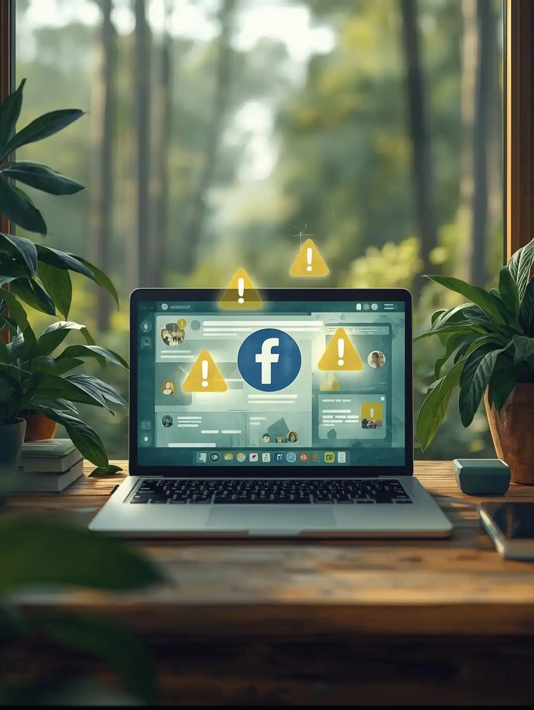 Illustration aquarelle semi-réaliste d’un laptop posé sur un bureau en bois, entouré de plantes et de nature. L’écran montre l’interface d’un groupe Facebook avec un logo bleu familier. Trois triangles d’avertissement flottent autour de l’ordinateur, symbolisant les trois erreurs courantes à éviter dans un groupe Facebook professionnel.