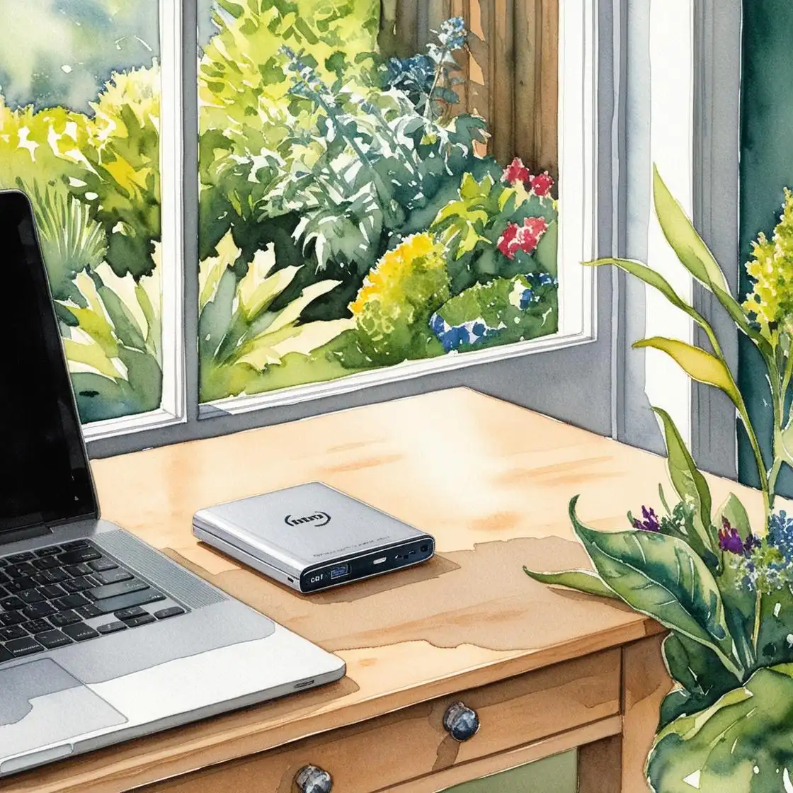 image aquarelle d'un petit disque dur externe transportable posé sur un bureau à côté d'un laptop. Le bureau est en pleine nature verdoyante