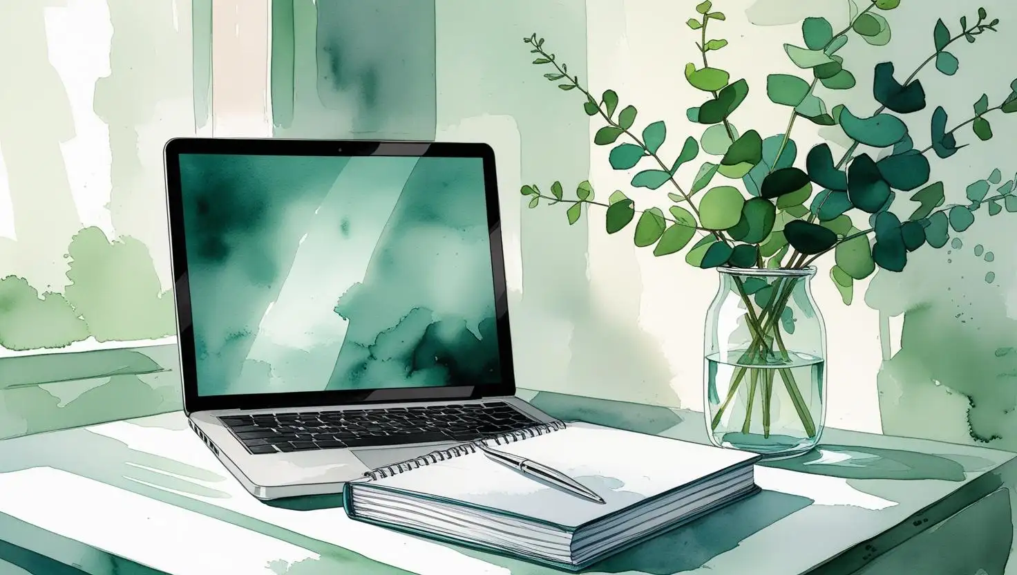 Illustration aquarelle d’un bureau minimaliste avec carnet, ordinateur portable et vase d’eucalyptus, symbolisant les affirmations positives