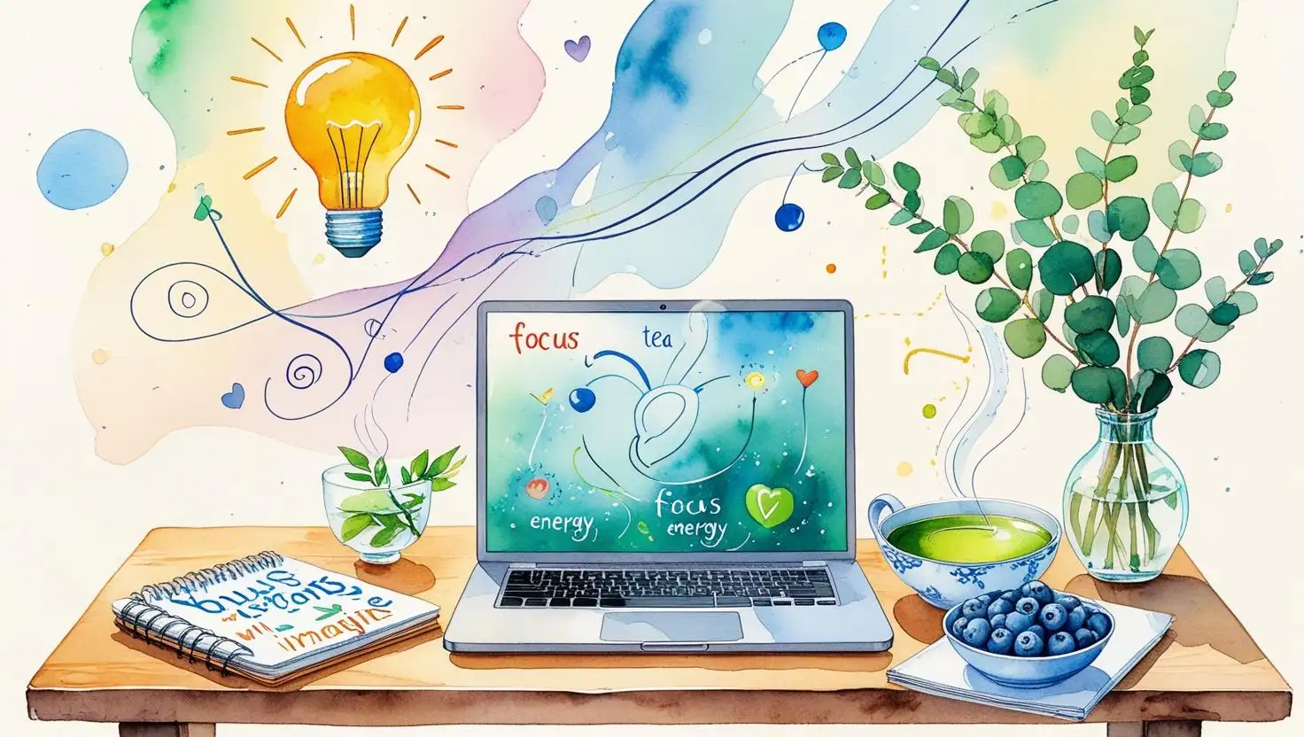 10-Illustration aquarelle d’un bureau créatif : booster le cerveau avec inspiration et clarté Aquarelle d’un bureau moderne avec laptop, tasse de thé vert, myrtilles, carnet et eucalyptus, illustrant la clarté mentale, la concentration et la créativité