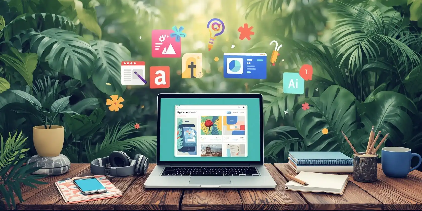 Outils freelances : illustration d’une assistante digitale travaillant avec Canva sur son laptop au milieu de la nature, entourée d’éléments créatifs.