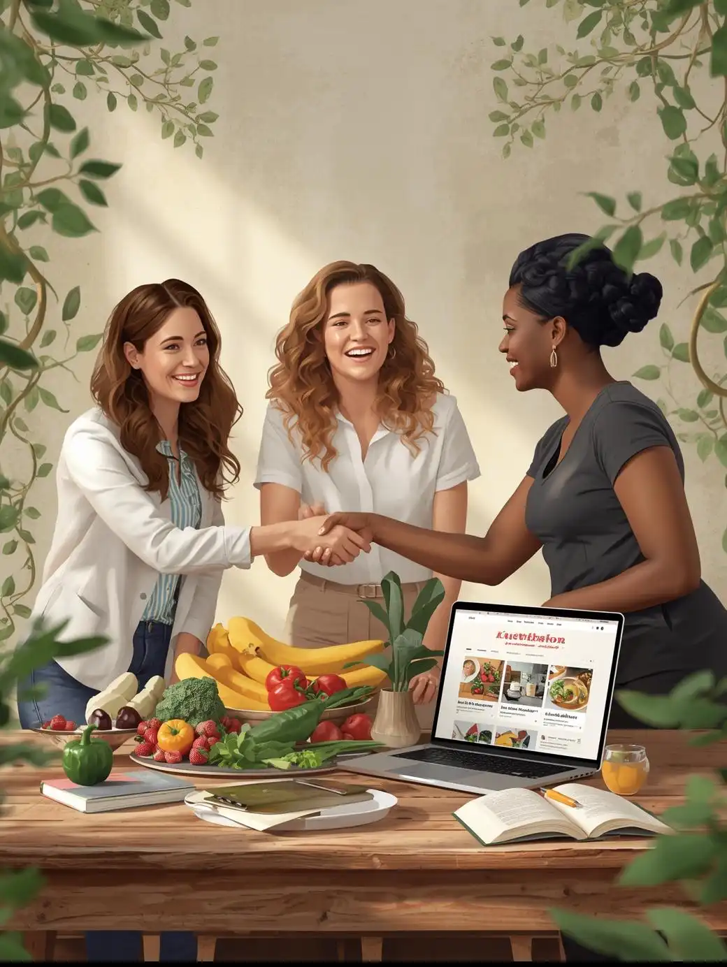 Illustration semi-réaliste de plusieurs professionnels de la nutrition et du bien-être se serrant la main autour d’une table en bois avec un ordinateur portable, des fruits et légumes, symbolisant la création de partenariats et de collaborations grâce à un blog nutrition