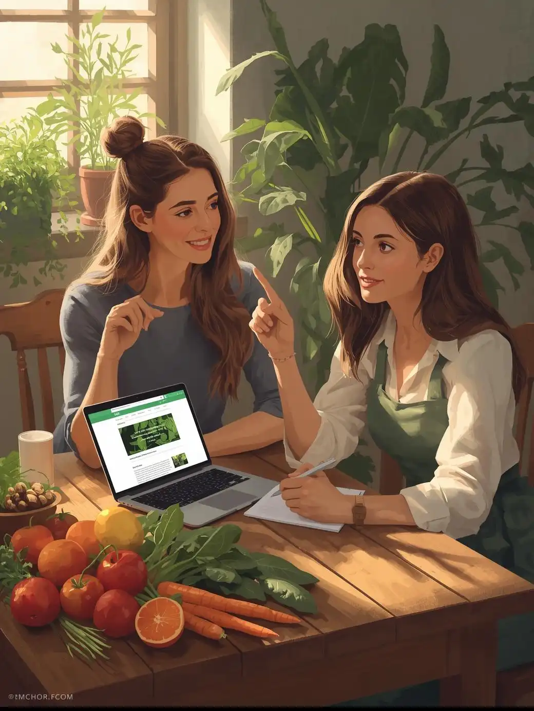 Illustration semi-réaliste d’une nutritionniste souriante expliquant un article de blog à son client autour d’une table en bois recouverte de fruits, légumes et d’un ordinateur portable, symbolisant la confiance et la pédagogie d’un blog nutrition