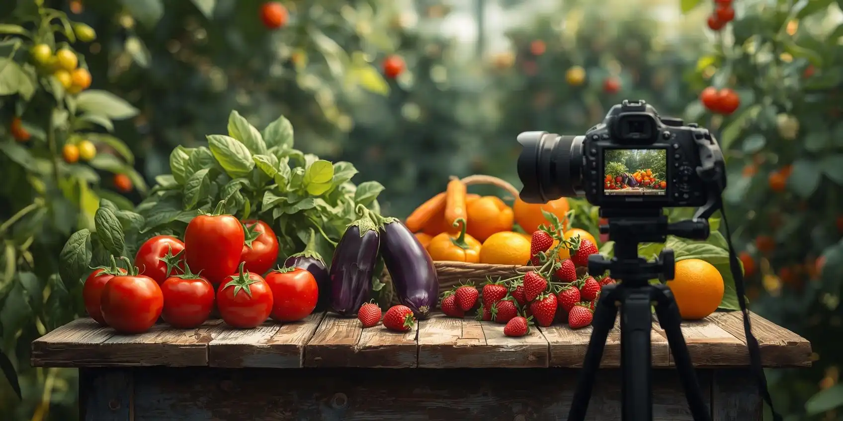 Créer un blog nutrition transformer son expertise en contenu inspirant Illustration semi-réaliste d’un jardin de fruits et légumes avec une table en bois couverte de produits colorés, filmée par une caméra, symbolisant la création de contenu pour un blog nutrition