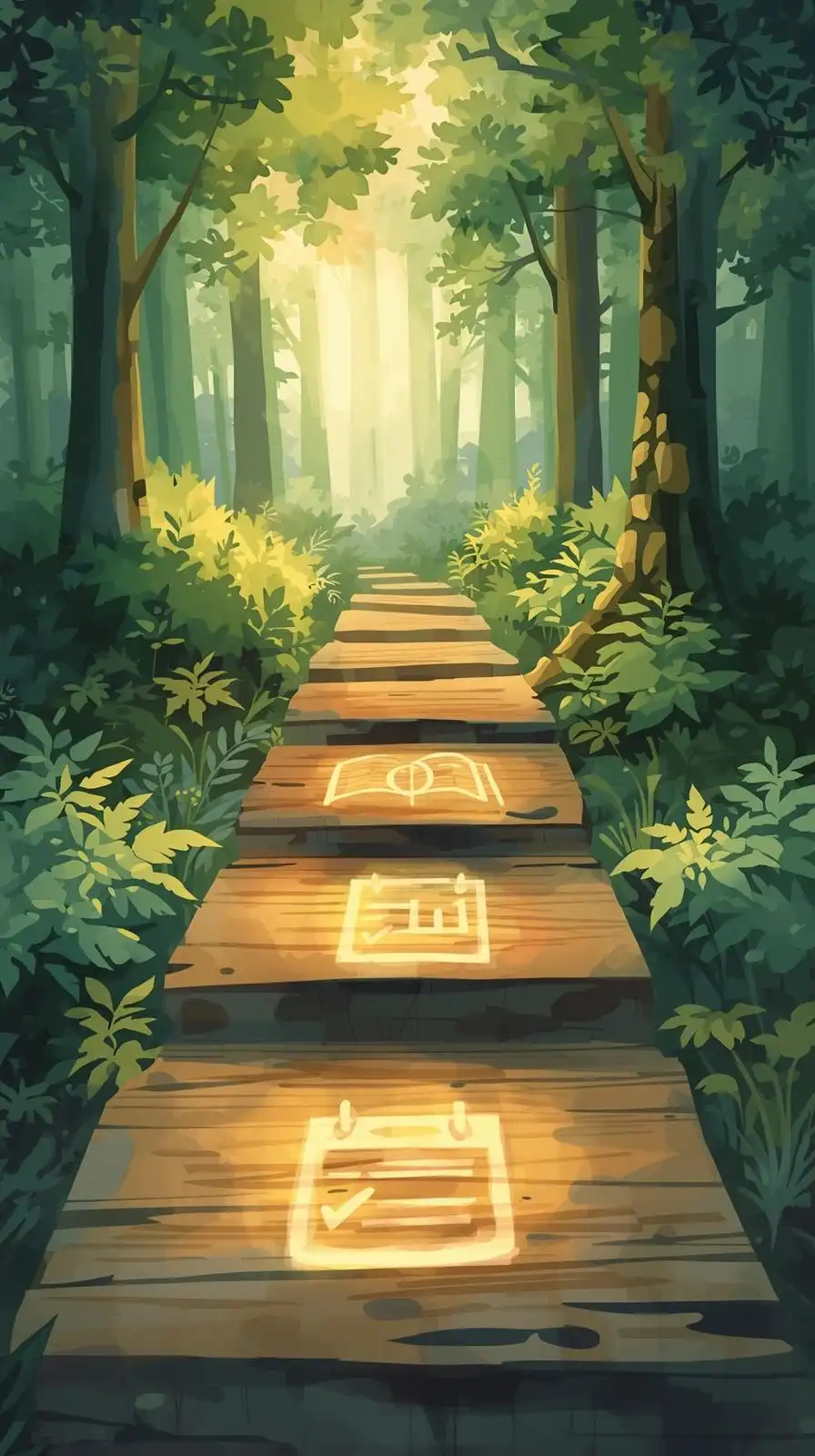 Créer un programme de coaching en ligne les 3 clés d’une mise en place réussie Illustration aquarelle semi-réaliste d’un chemin lumineux en forêt, divisé en trois étapes avec des symboles : carnet et boussole pour la simplicité, calendrier et checklist pour la systématisation, cible pour la spécificité. Représentation visuelle de la création d’un programme de coaching en ligne structuré et réussi.