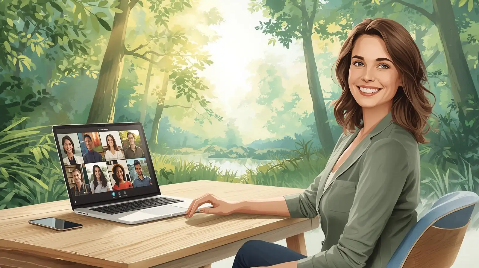 26Créer un programme de coaching en ligne – illustration inspirante Illustration aquarelle semi-réaliste d’une coach souriante assise à un bureau en bois dans une clairière, travaillant sur son laptop. Sur l’écran, on voit son groupe en visioconférence, représentant la création d’un programme de coaching en ligne.
