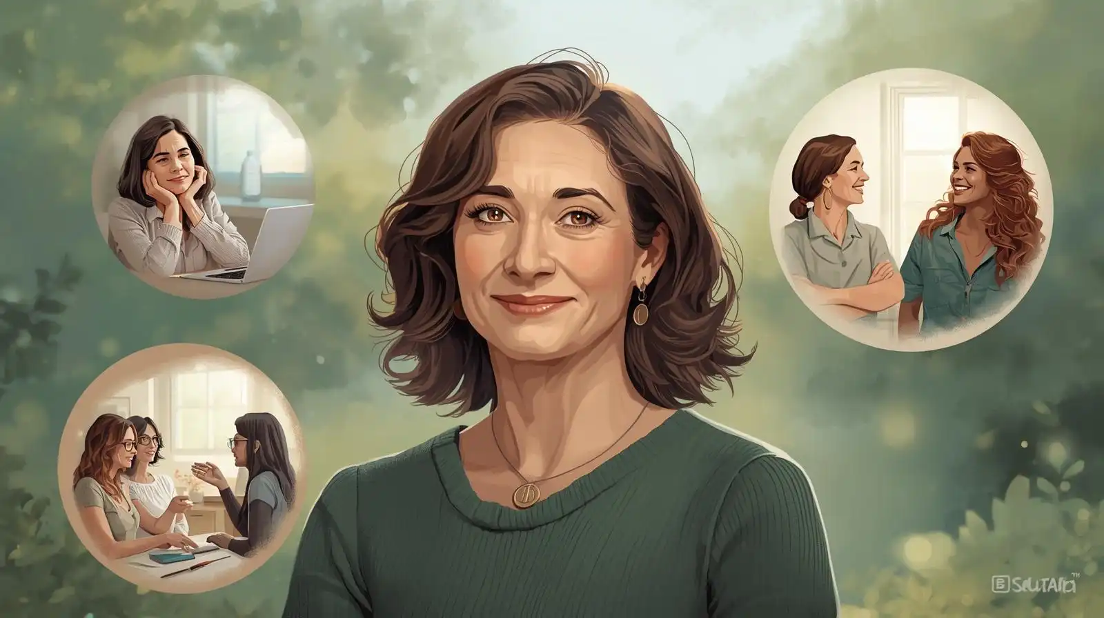 Illustration d’une coach dans la cinquantaine transformant son histoire personnelle en mission de vie pour inspirer ses clientes