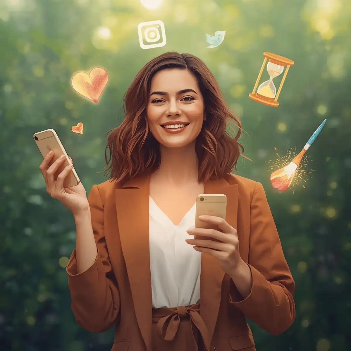 Être authentique sur Instagram 3 clés pour se démarquer durablement Illustration semi-réaliste d’une entrepreneure confiante tenant un smartphone, entourée d’un cœur lumineux, d’un sablier doré et d’un pinceau coloré, symbolisant l’authenticité sur Instagram dans un décor naturel