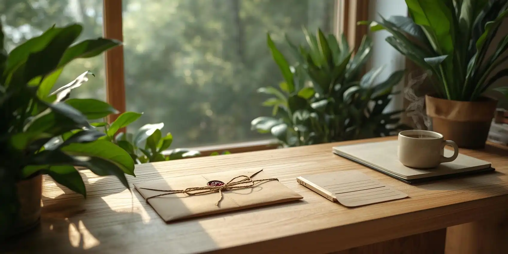 Enveloppe kraft sur un bureau en bois avec plantes vertes et tasse de thé, illustrant l’importance de fidéliser grâce au courrier postal dans le bien-être