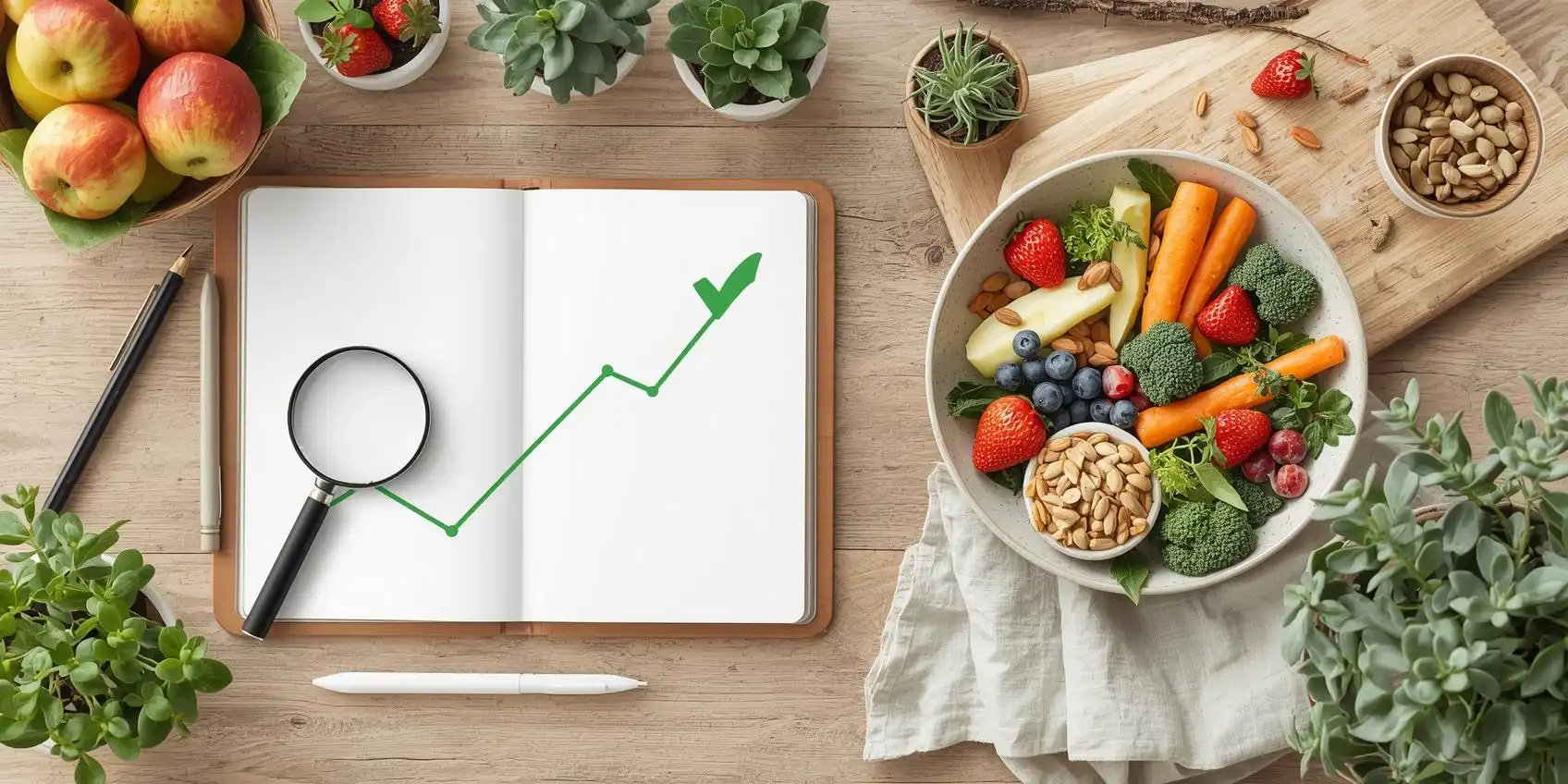 Illustration en 3 parties représentant un pack nutritionnel : carnet avec loupe pour le bilan, assiette d’aliments sains pour le plan nutritionnel, coche verte et graphique simple pour le suivi