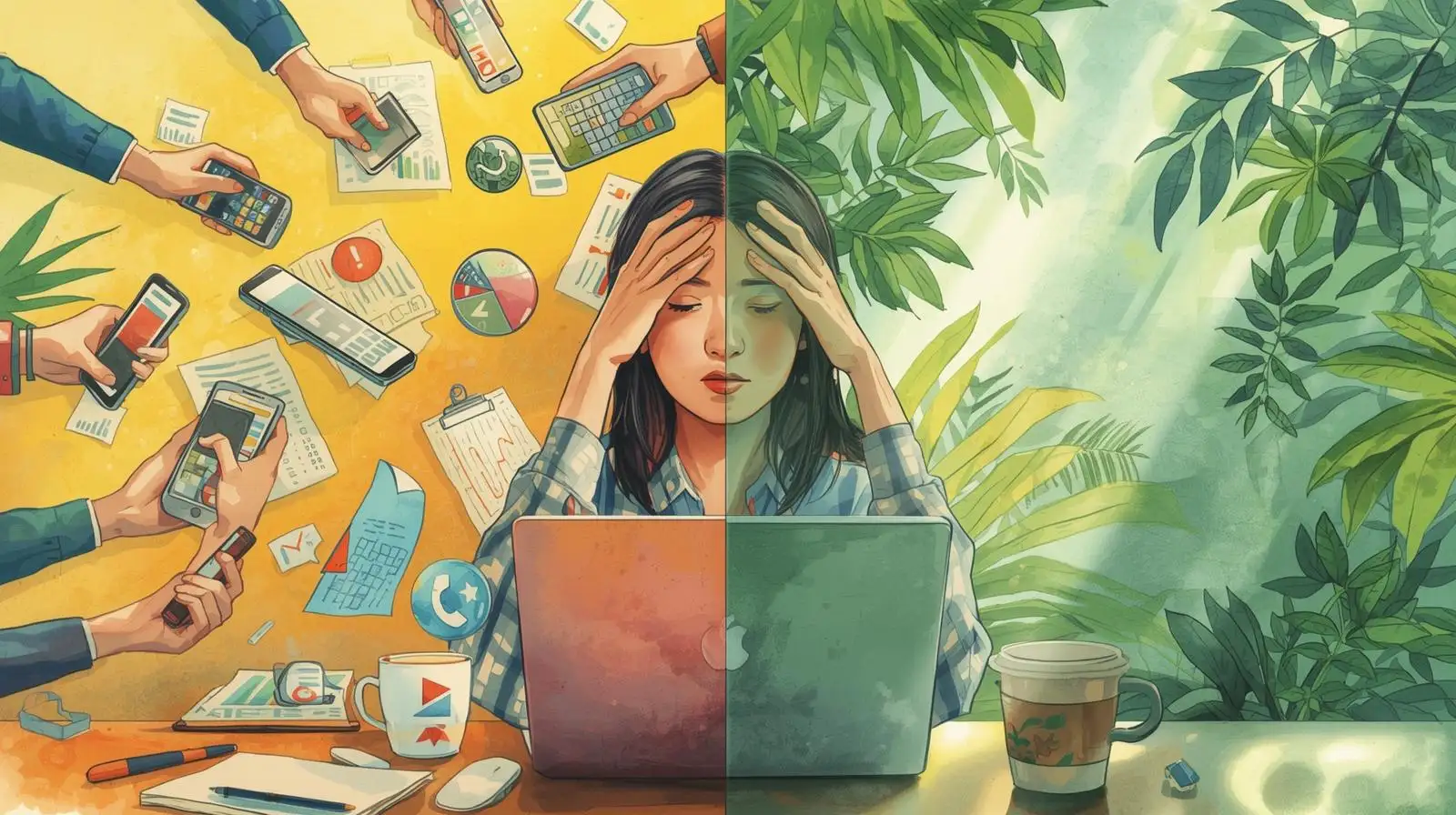 18Multitâches : entre chaos et clarté dans le travail Illustration semi-réaliste en aquarelle d’un professionnel au bureau, débordé par le multitâches avec plusieurs mains tenant téléphone, ordinateur, café et documents, contrastant avec une version sereine et concentrée de la même personne. Symbole de l’illusion du multitâches face à la réalité de la concentration