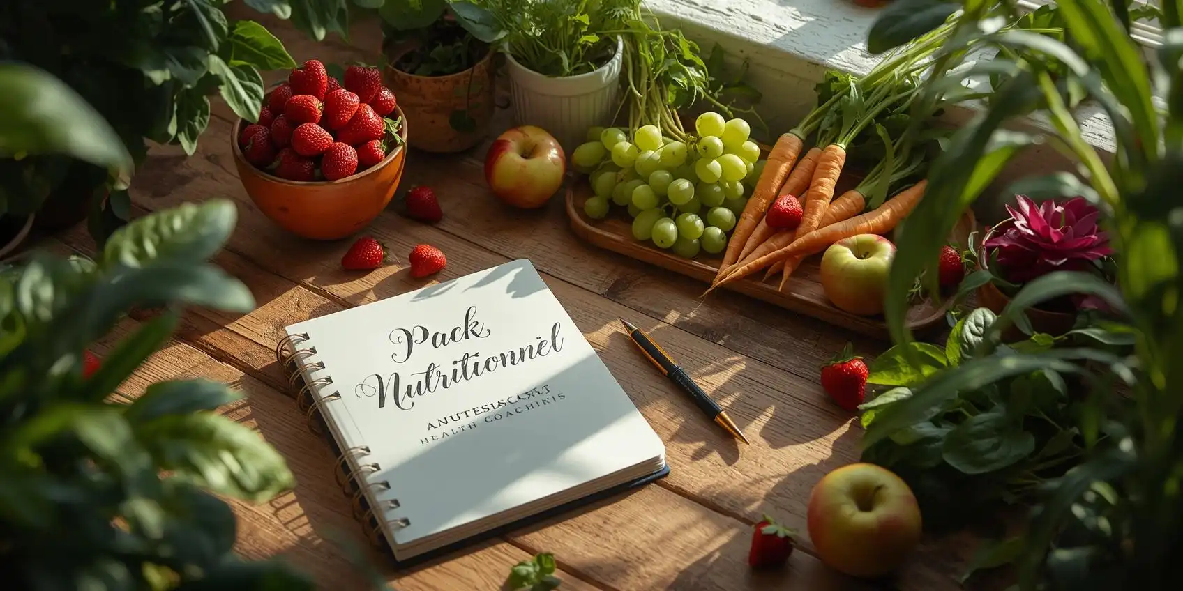 Carnet ouvert intitulé Pack nutritionnel posé sur une table en bois, entouré de fruits frais et de verdure.