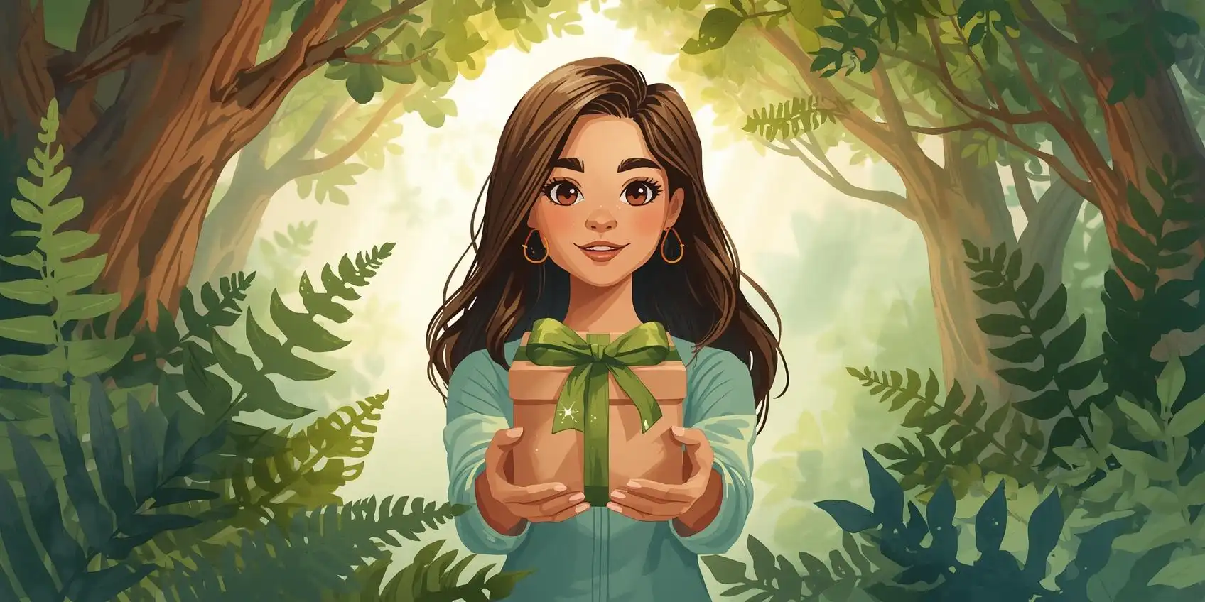 Illustration aquarelle moderne 16:9 montrant une praticienne en bien-être offrant un cadeau emballé d’un ruban vert à une cliente souriante, dans une forêt lumineuse et apaisante