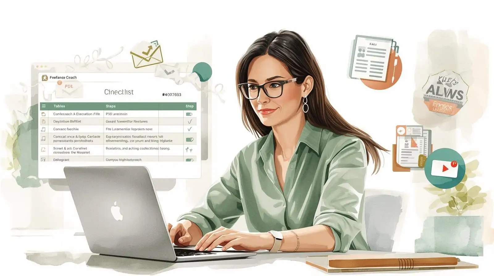Illustration d’une coach freelance devant son ordinateur avec un tableau organisé de modules et d’étapes, entourée d’icônes d’emails, PDF et vidéos, symbolisant la mise en place d’un programme signature