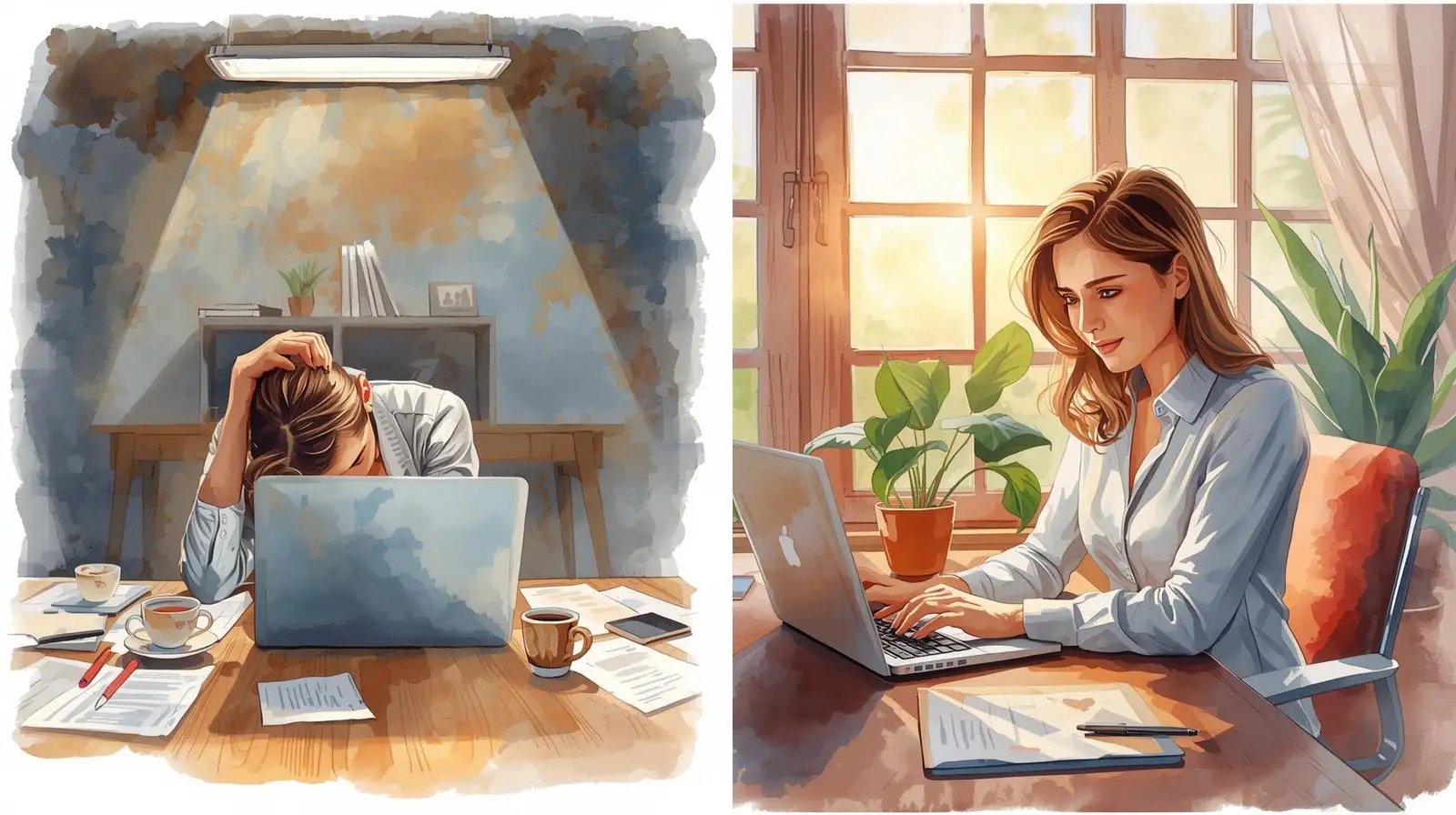 20Travailler sur écran : trouver l’équilibre entre productivité et santé Aquarelle semi-réaliste d’une femme travaillant sur écran : à gauche, fatigue et mauvaise posture, à droite, lumière naturelle, posture saine et environnement végétalisé.