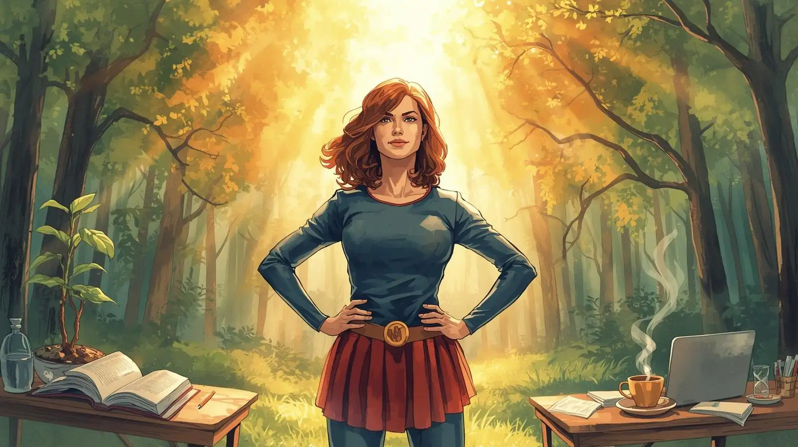 20-Esprit entrepreneurial: Entrepreneure confiante en posture de Super Woman dans une forêt rayonnante Illustration aquarelle semi-réaliste de l'esprit entrepreneurial. Entrepreneure confiante en posture de Super Woman, debout dans une forêt lumineuse, symbolisant la confiance en soi et la croissance entrepreneuriale