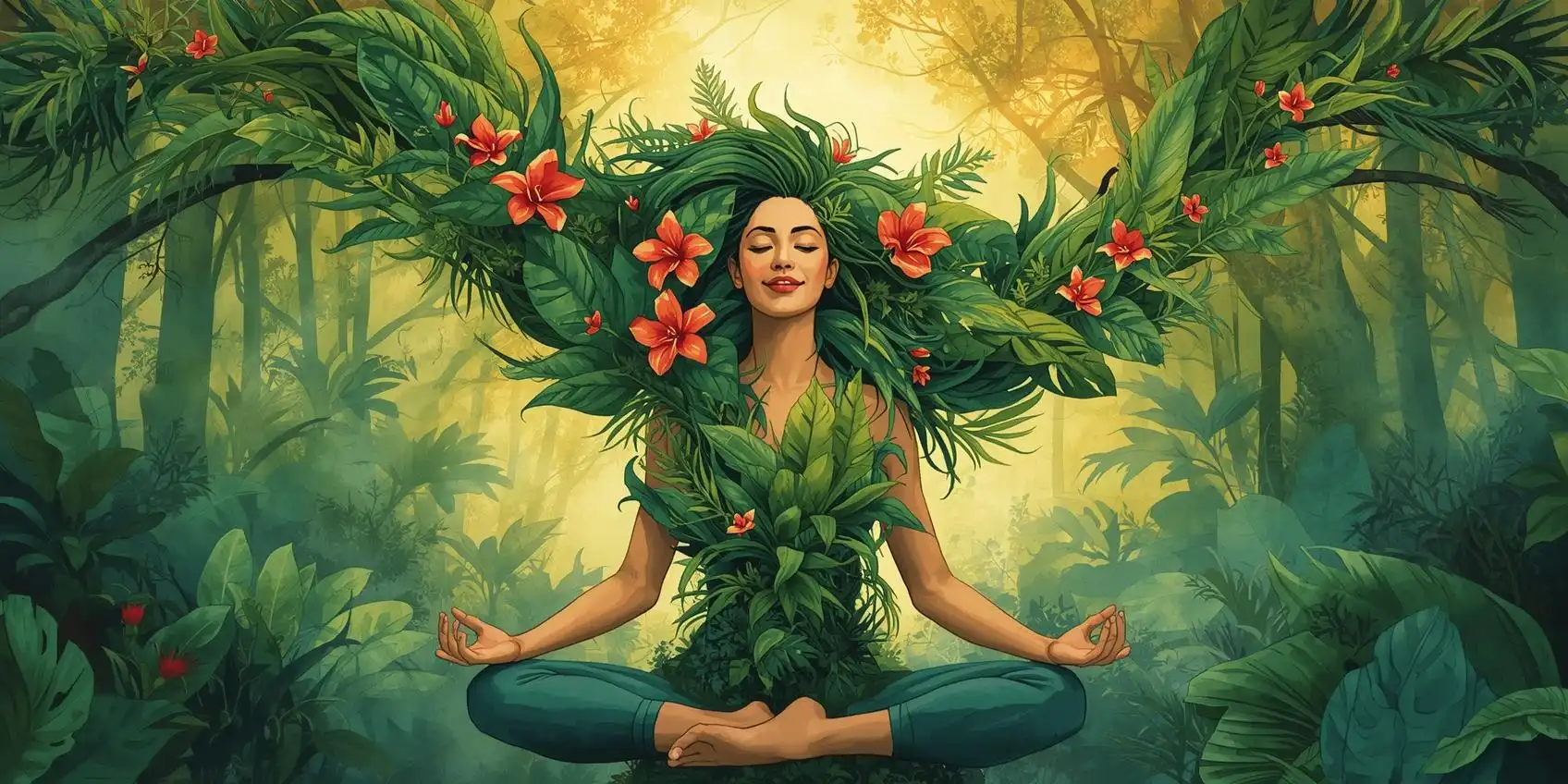 Activité physique et santé mentale femme sereine aux cheveux transformés en fleurs