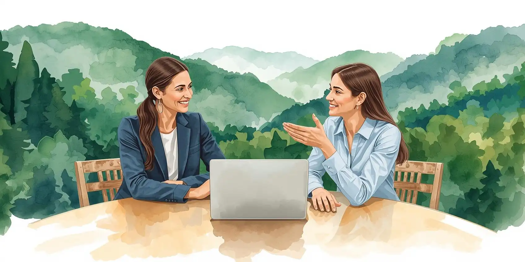 Deux femmes souriantes, une thérapeute et son assistante virtuelle, discutant devant un laptop dans un décor naturel verdoyant, symbolisant la confiance et le partenariat pour bien choisir son assistante virtuelle.