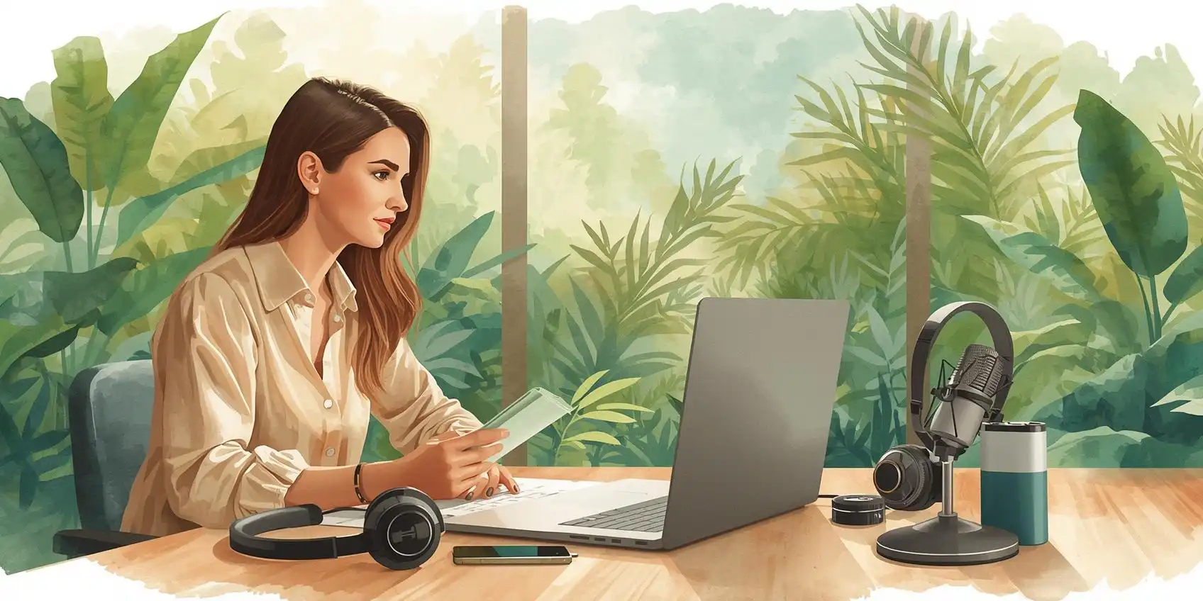 Scène semi-réaliste aquarelle montrant une thérapeute et une assistante virtuelle travaillant ensemble autour d’un grand laptop, avec casque, micro de podcast, disque dur, smartphone et plantes vertes en arrière-plan. Illustration du thème : choisir son assistante virtuelle.