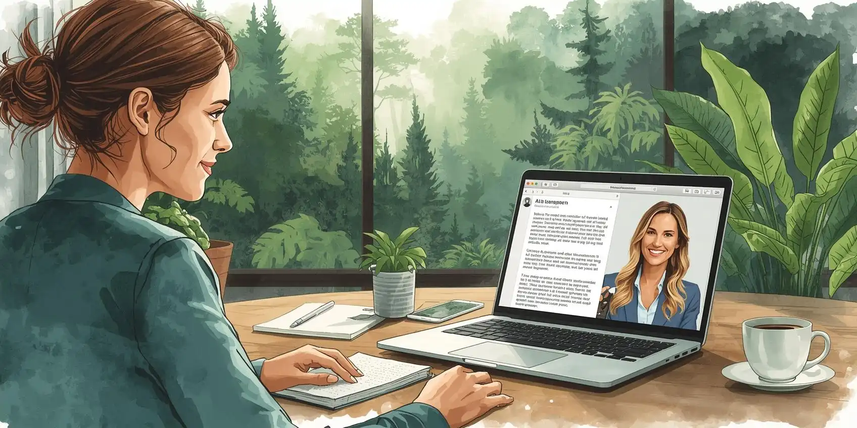 Illustration semi-réaliste d’une entrepreneure collaborant avec une assistante virtuelle en visioconférence, mettant en contraste un message générique et une réponse professionnelle
