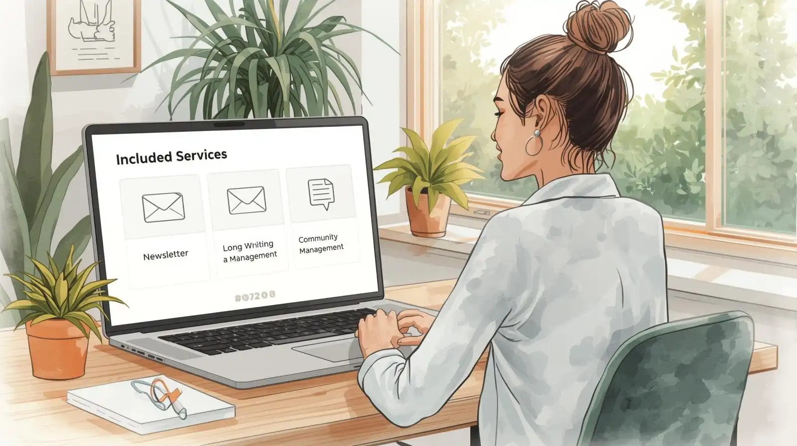 Procédures assistante virtuelle – illustration d’une professionnelle expliquant son périmètre de services avec une liste claire des tâches incluses et exclues.