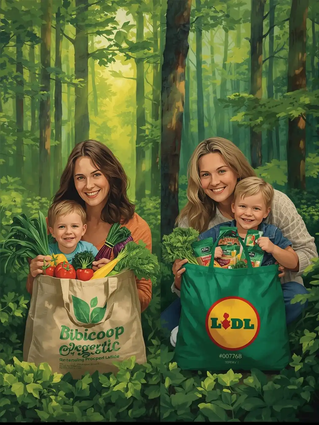 Deux mamans avec leurs enfants, l’une faisant ses courses au Biocoop avec des légumes bio, l’autre au Lidl avec des produits transformés, représentant deux profils de clients idéaux différents.