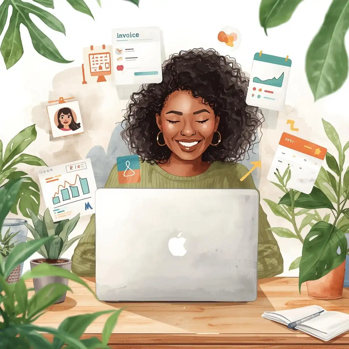 Illustration semi-réaliste aquarelle : assistante virtuelle freelance souriante devant son laptop, avec des factures, graphiques financiers colorés et icônes d’outils comme Freebe, Abby ou Henrri. Atmosphère positive, moderne et professionnelle, décorée de plantes vertes.