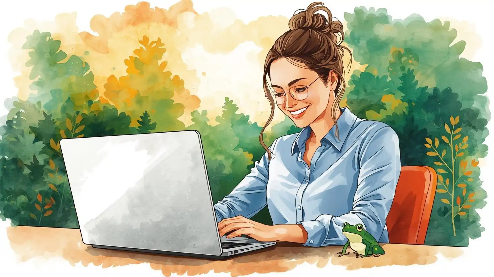 Assistante virtuelle souriante travaillant sur son laptop, grenouille verte symbolique posée sur son bureau, forêt vibrante en arrière-plan, style aquarelle lumineux.