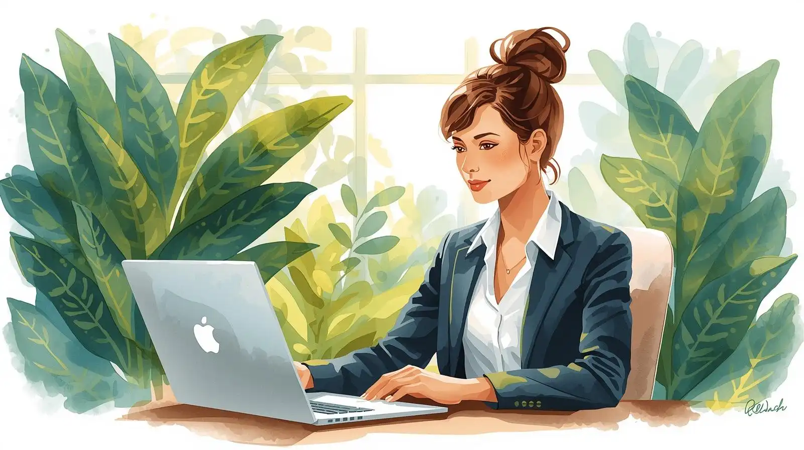 Illustration aquarelle semi-réaliste d’une assistante virtuelle moderne et souriante, travaillant sur son ordinateur dans un décor naturel vert profond. L’image symbolise les qualités essentielles d’une assistante virtuelle : fiabilité, communication, intégrité, gestion du temps et proactivité