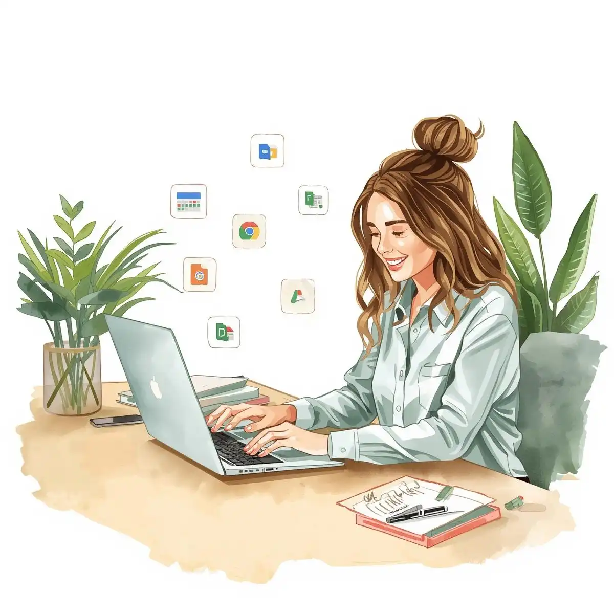 Illustration semi-réaliste aquarelle : assistante virtuelle freelance travaillant sur son laptop à un bureau en bois clair, entourée d’icônes symbolisant Notion, Google Agenda, Trello et dossiers organisés. Atmosphère lumineuse et sereine, avec des plantes vertes en arrière-plan.