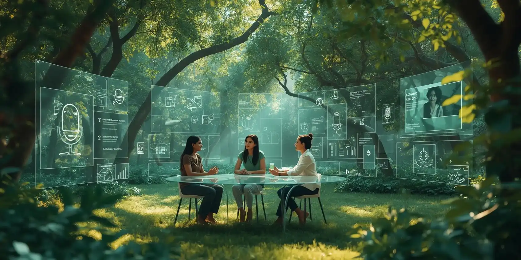 Illustration créative d’outils IA pour les thérapeutes, représentés par des hologrammes entourant un thérapeute, dans une ambiance naturelle et bienveillante