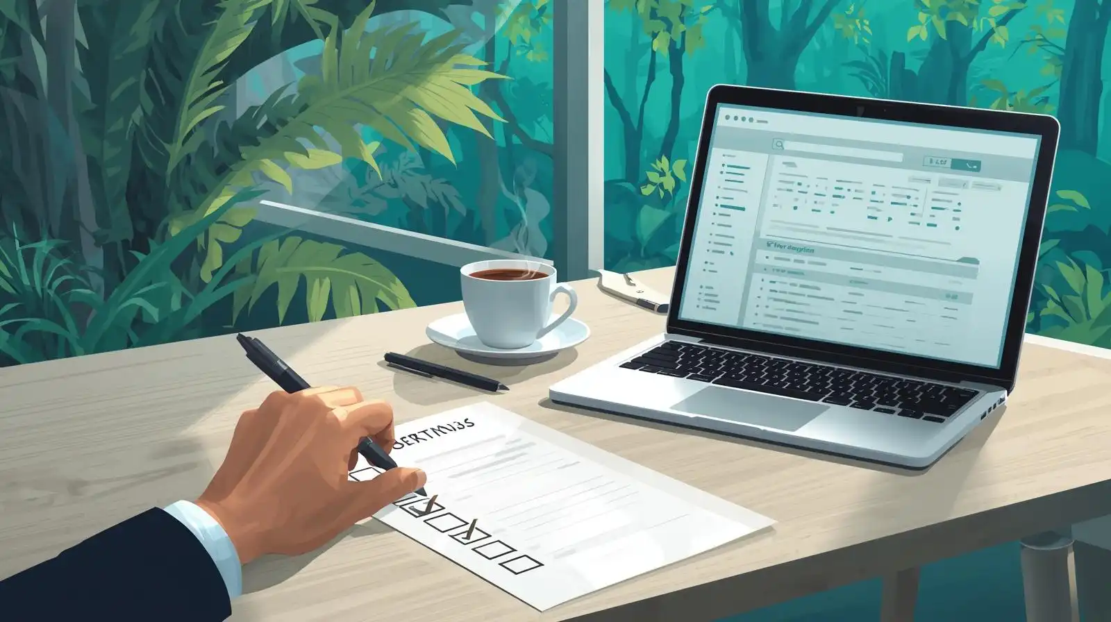 Procédures internes entrepreneur – checklist organisationnelle Main d’entrepreneur cochant une checklist posée sur un bureau en bois clair, avec ordinateur portable, tasse de café et plantes vertes en arrière-plan.