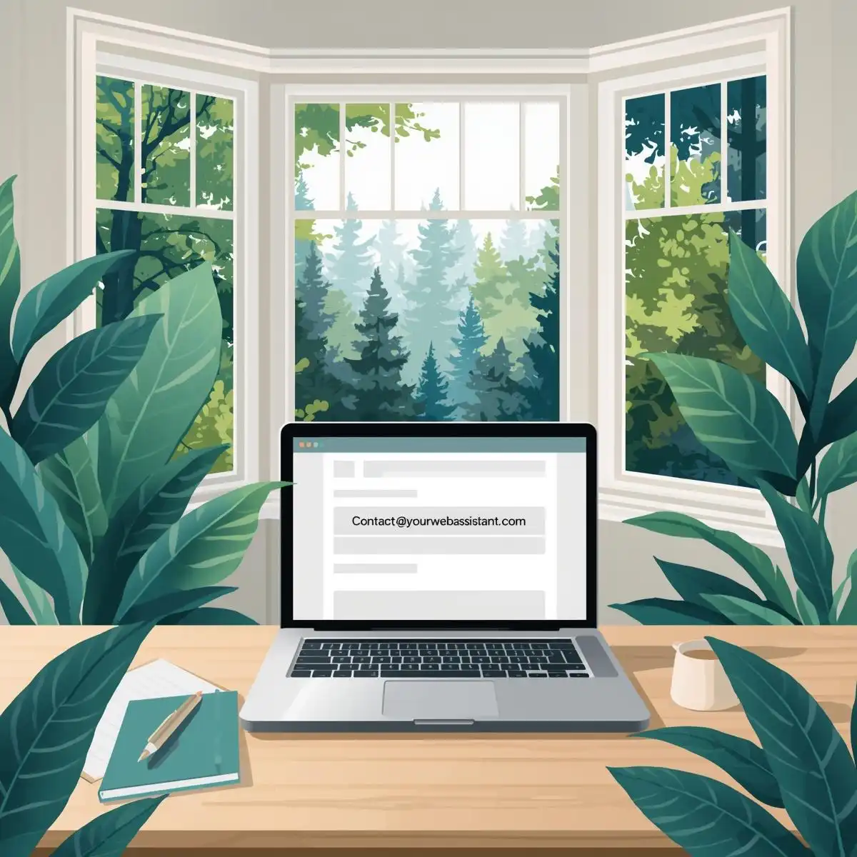 outils-pour-debuter-comme-assistante-virtuelle-email-pro Ordinateur portable affichant une boîte mail avec adresse professionnelle, un des outils pour débuter comme assistante virtuelle, dans un décor naturel lumineux