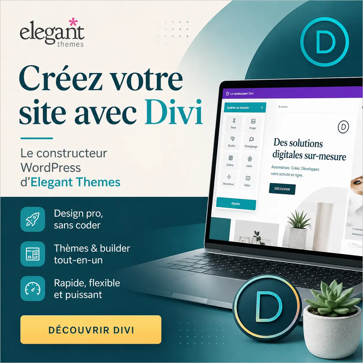 Bannière présentant Divi d’Elegant Themes pour créer un site WordPress sans coder