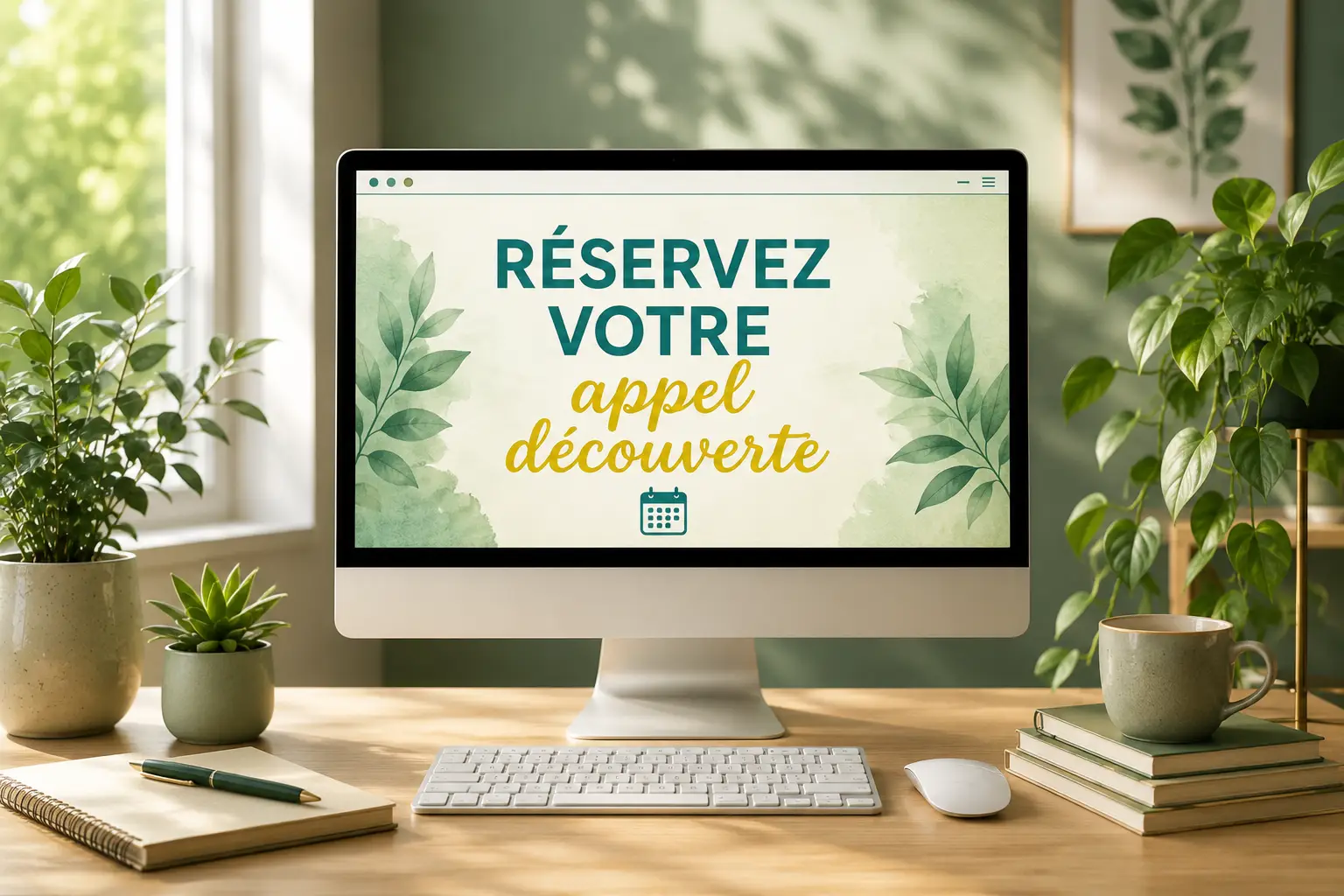 Ordinateur affichant une invitation à réserver un appel découverte dans un bureau lumineux et végétalisé