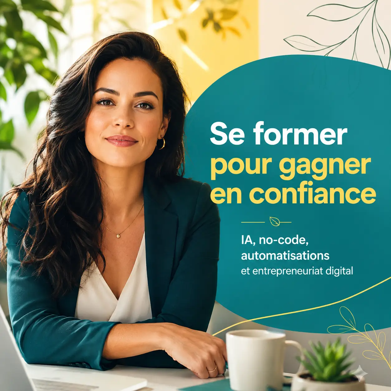 Portrait d’une femme confiante dans un espace de travail lumineux avec un message sur la formation en IA, no-code et automatisations